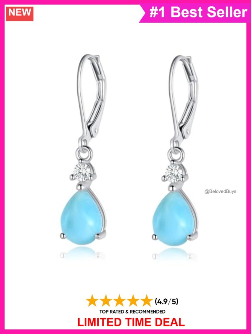 Larimar Drop Dangle Earrings 925 Sterling Silver Rhodium Plated Gemstone